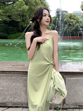 长袖衬衫针织吊带连衣裙女夏两件套2024新韩版时尚圆领套头长裙子，女装套装/套裙，鑫慧