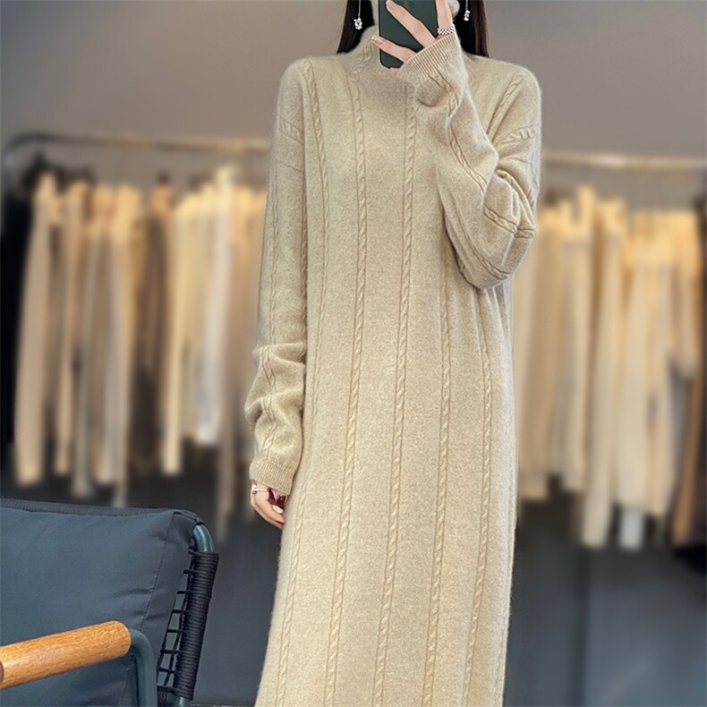 羊毛针织裙时尚麻花中长款连衣裙秋冬新款半高领打底衫,女装连衣裙,蒙莲贝斯