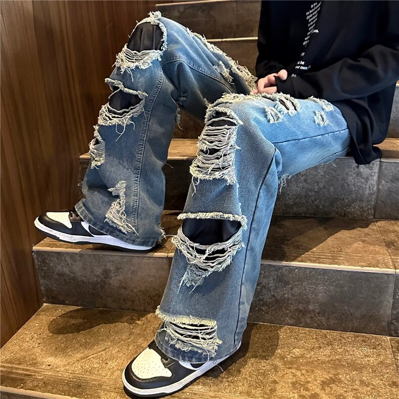 美式复古水洗破洞牛仔裤男女潮设计感小众高街阔腿裤X98P50,男装牛仔裤,星座1116-2