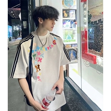 抖音得物品质二开240克宽松纯棉美式潮牌印花三条杠中性风短袖T恤，男装T恤，电商A486