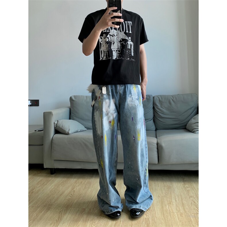 【有货】美式复古涂鸦扎染牛仔裤男女同款宽松裤子NZ803LL-特P55,男装牛仔裤,星座1007（原301D）