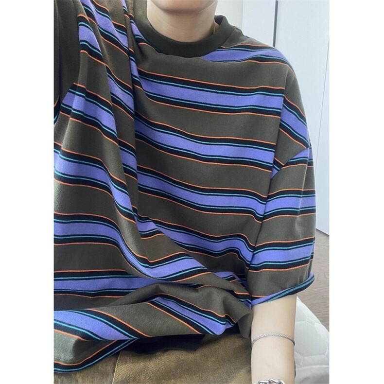 复古宽松T恤IVY风格美式葡萄紫色条纹短袖T恤情侣小众T09,男装T恤,星座1116A（原606A-3）