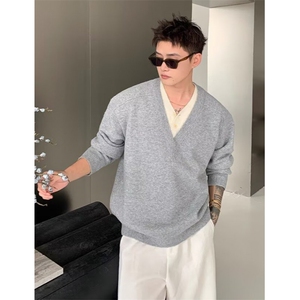 春季新款百搭时尚舒适V领套头长袖毛衫慵懒风套头毛衣男 MK150图片