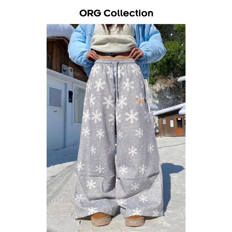ORG Collection美式复古雪花满印褶皱加绒直筒卫裤女爵士舞阔腿裤图片