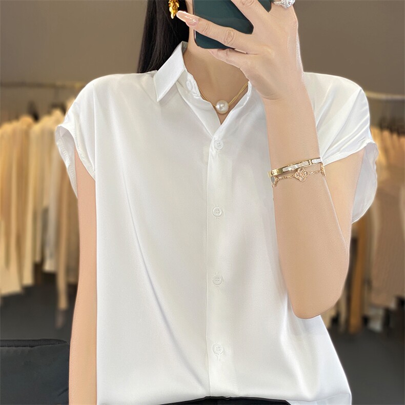 黑色重磅衬衫女2024年夏装新款纯色缎面职业装无袖小衫，女装衬衫，朝贺羊绒