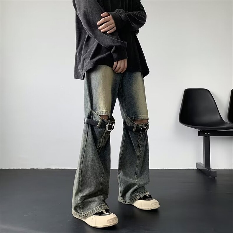 美式高街牛仔裤男韩版个性膝盖开口皮带2024秋季ins长裤RK818-P59,男装牛仔裤,星座412-2