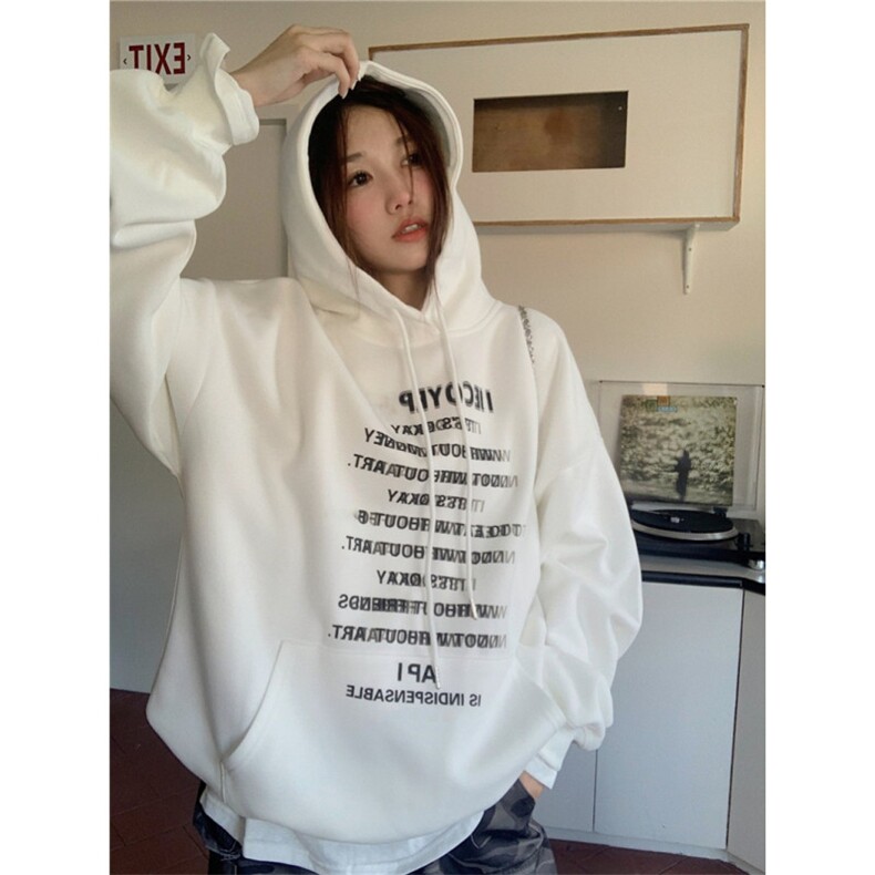 C355-P55 长字母美式印花 连帽带抽绳卫衣 学生男女款带口袋上衣图片