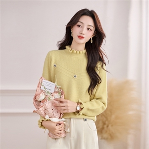 套头打底外穿毛织宽松毛衣带花朵，女装针织衫/毛衣，乐吉娜