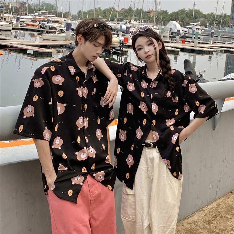 EQ409可爱卡通小熊夏季沙滩旅游情侣装夏季衬衫男女慵懒风短袖,男装衬衫,电商C306-1
