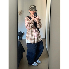 粉色格子衬衫男款春秋cleanfit长袖格纹衬衣美式复古2024新款外套，男装防晒衣，星座1007（原301D）