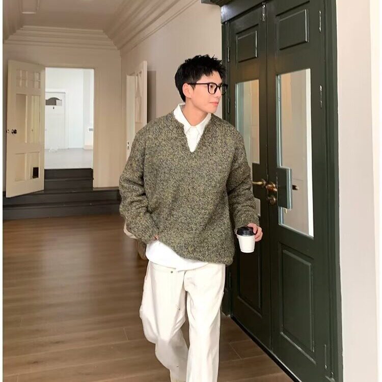 冬季复古百搭慵懒宽松大版型圣诞苔藓绿V领落肩毛衣男,男装针织衫/毛衣,星座410-7