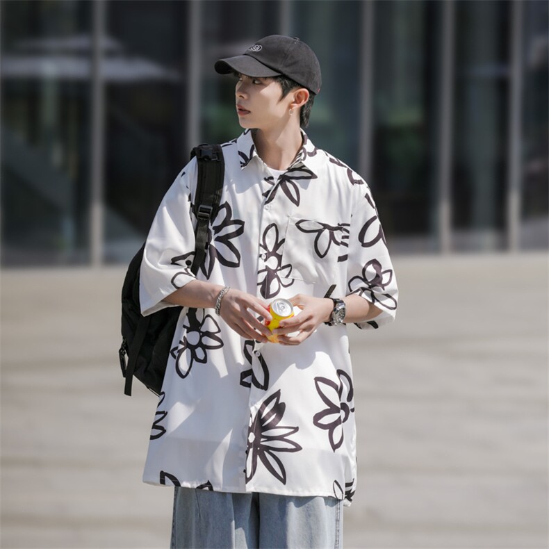 2025夏装花朵印花短袖冰丝衬衫男女潮流衬衣C309P35,男装T恤,电商C323