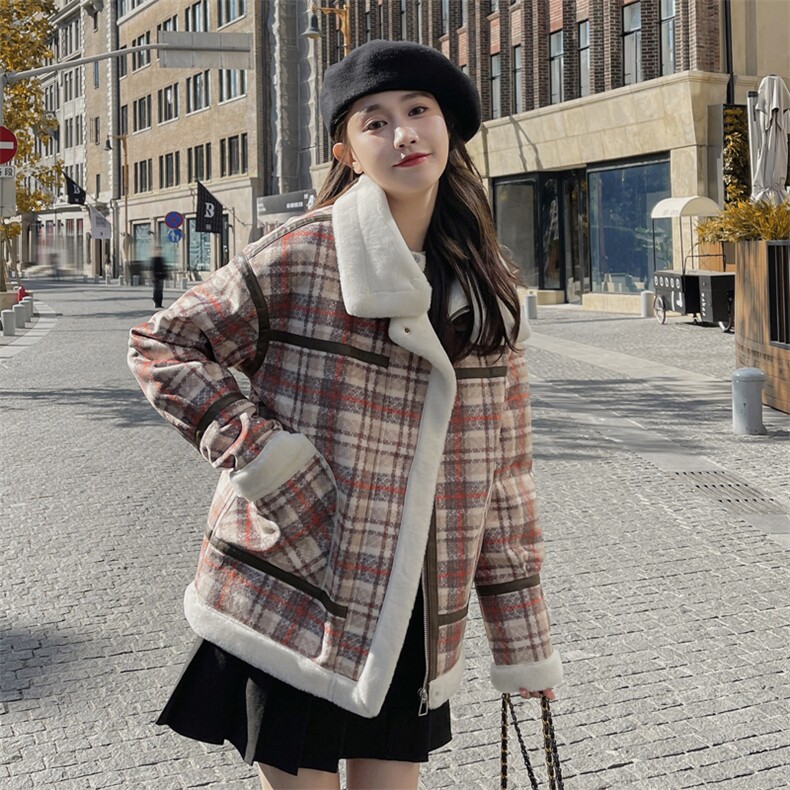 复古格子立领羊羔毛外套女2025秋冬新款加绒加厚羊羔绒短棉衣棉袄，女装毛呢外套，帛香坊