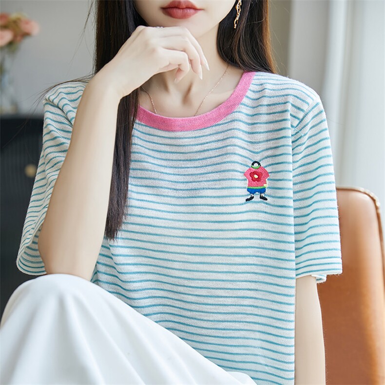夏季竹节麻针织短袖T恤女圆领条纹刺绣拼色上衣宽松套头半袖打底，女装T恤，菲奥羊绒