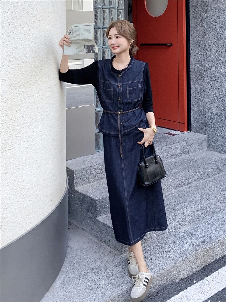主推现货-2025年秋季新款气质高级感马甲休闲牛仔套装裙女,女装套装/套裙,霓裳依族