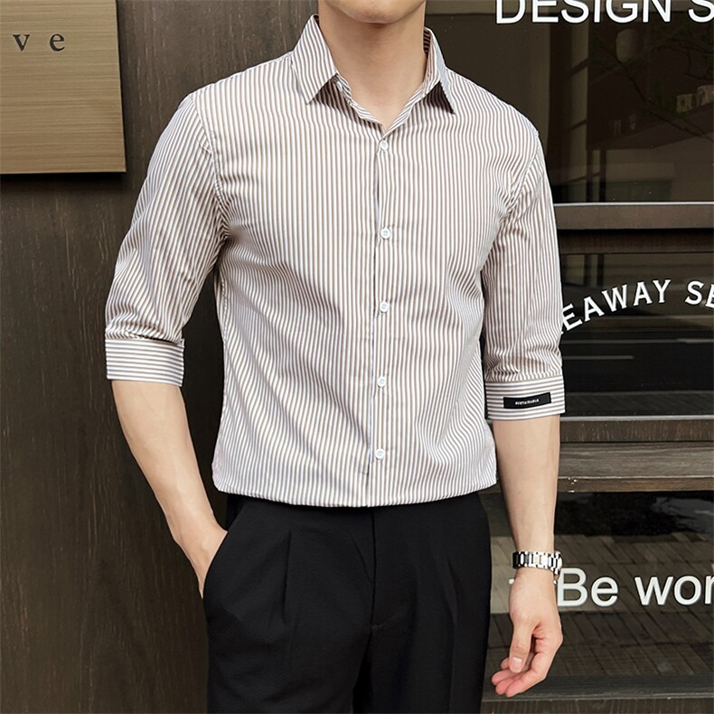 夏季男士七分袖条纹衬衫男休闲修身休闲衬衣A236-C667-P58图片