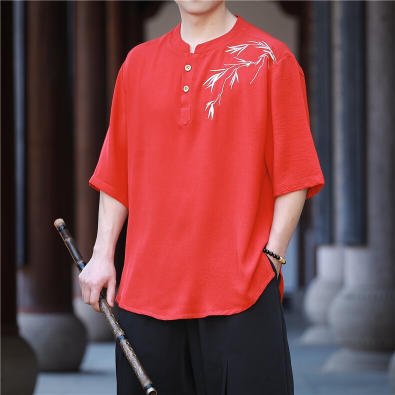 夏季冰丝新款立领短袖凉感风刺绣新中式大码垂感T恤男T812P55，男装T恤，电商A021A