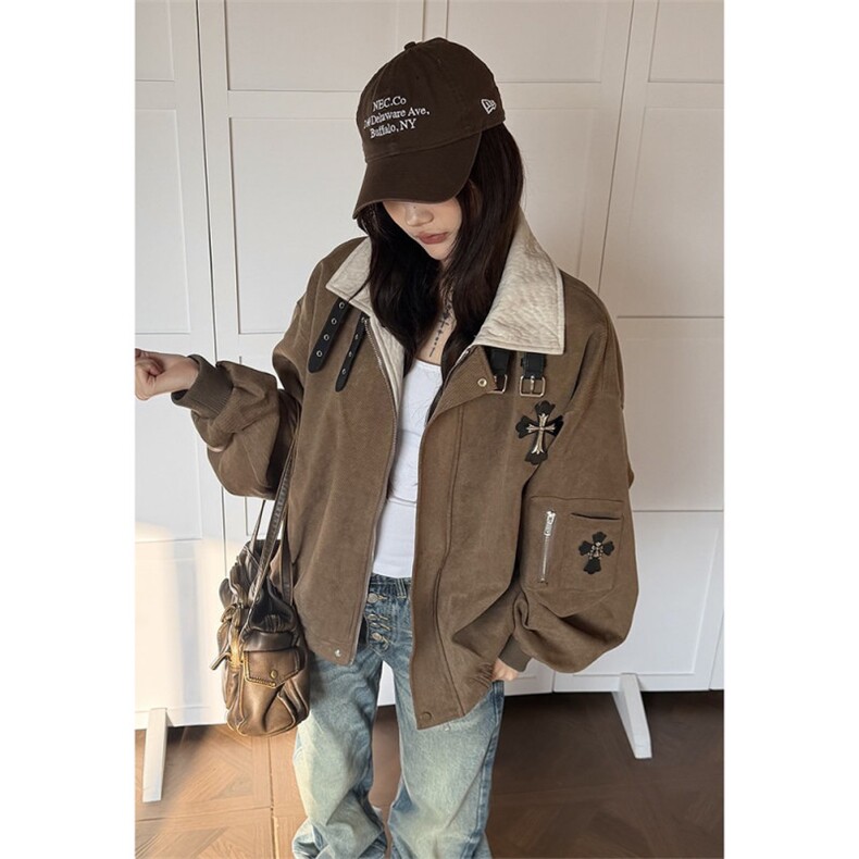 美式十字架贴皮刺绣翻领外套2026新款男女潮牌宽松撞色拼接夹克,男装夹克,星座506A