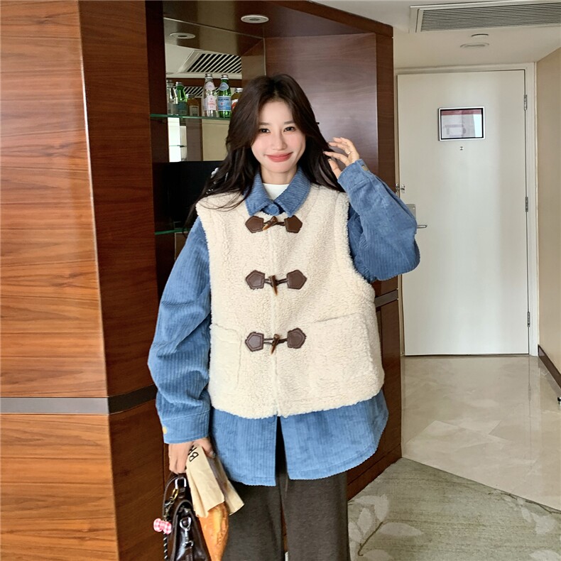 加棉蓝色衬衫棉服叠穿羊羔毛马甲套装女2025冬季新款学院风两件套,女装套装/套裙,2C293
