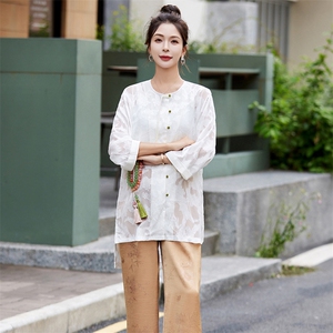 复古提花七分袖衬衫女中长款2024夏季宽松薄款半透前短后长防晒衣图片