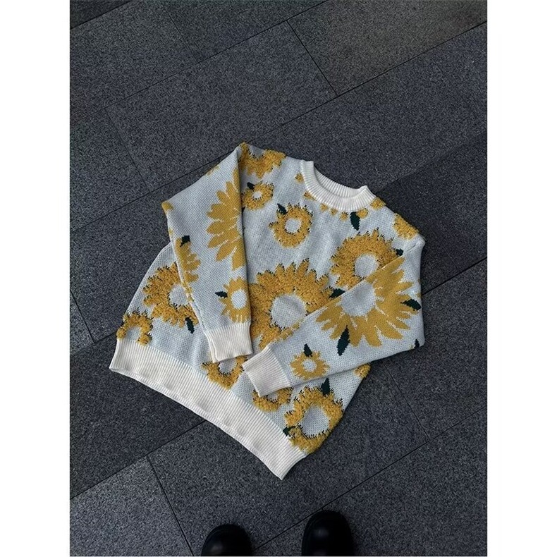 日系复古向日葵植绒毛衣慵懒高级感男女bf潮牌针织衫秋冬款情侣,男装针织衫/毛衣,星座218-1（原230）