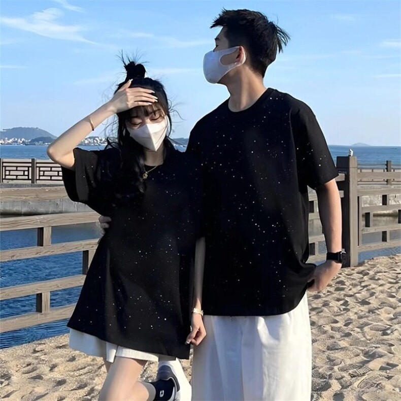 黑色满天星t恤男夏季情侣短袖上衣美式潮牌宽松纯棉高级感体恤衫图片