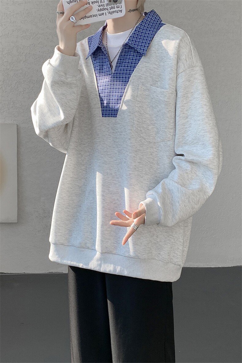 WY10153-特P48控88小众撞色面料拼接格子假两件大码男宽松卫衣,男装卫衣,电商A059