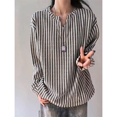 美式高街千鸟格子长袖T恤男女亨利V领英伦雅痞休闲宽松长袖打底衫，男装T恤，电商A443