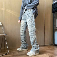 美式复古重磅做旧线条毛须牛仔裤水洗显瘦显高微喇裤N14-P65，男装牛仔裤，星座308B-1