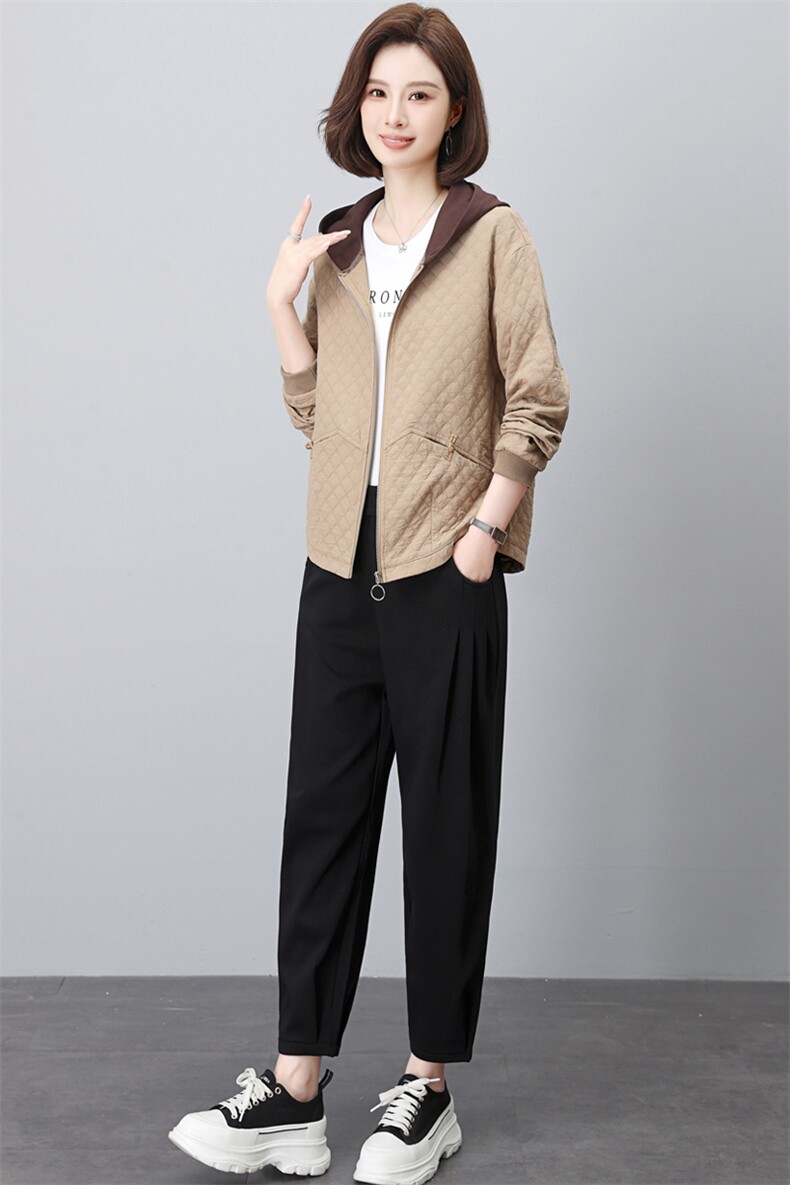 春秋新款时尚两件套装女休闲宽松格子连帽开衫哈伦裤中老年妈妈装,女装套装/套裙,璐依舞