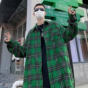 美式复古格子长袖衬衫男潮牌宽松设计百搭高街衬衣外套图片