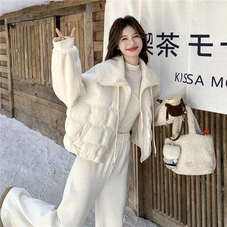 米白色设计感拼接羽绒服女2025冬季新款韩系洋气保暖90白鸭绒外套图片