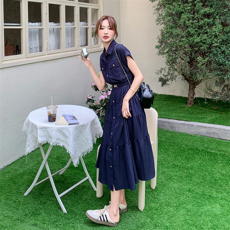 藏青色设计感工装衬衫连衣裙女2025夏季新款超好看气质收腰a字裙,女装连衣裙,浙宝301