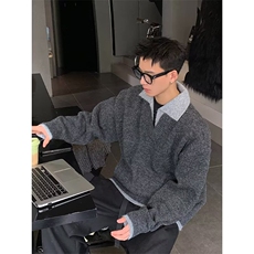 韩系复古加厚假两件polo领针织衫宽松保暖休闲毛衣513AMY2676P55，男装针织衫/毛衣，星座513A