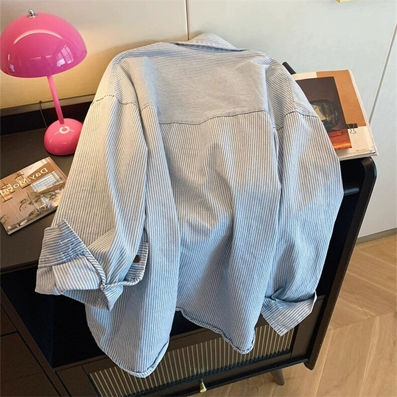 TC689-P45复古简约撞色牛仔条纹oversize宽松百搭POLO领衬衫女,女装衬衫,星座617A-2