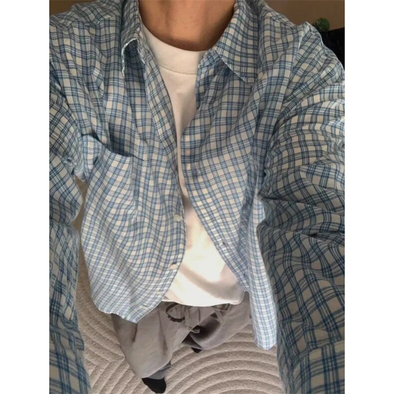 翻领格子双层棉纱长袖衬衫女秋季新款休闲宽松衬衣显瘦上衣,男装衬衫,星座506A