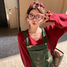 时尚针织卫衣卡通牛仔背带裤套装女春季新款宽松印花时尚阔腿长裤，女装套装/套裙，2C292