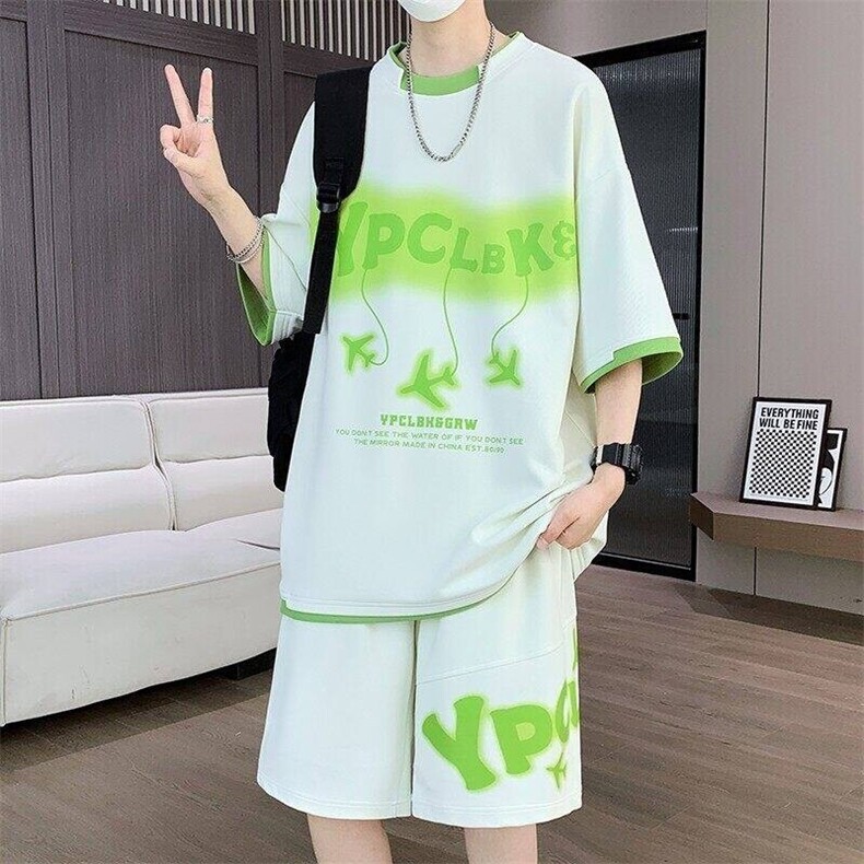 TZ25352-P55夏季休闲T恤短裤男两件套青少年学生运动短袖套装,男装牛仔裤,电商D310B