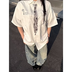 美式痞帅领带衬衫男2025初夏穿搭新款学院风短袖衬衣宽松休闲外套，男装T恤，星座506A