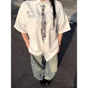 美式痞帅领带衬衫男2025初夏穿搭新款学院风短袖衬衣宽松休闲外套图片