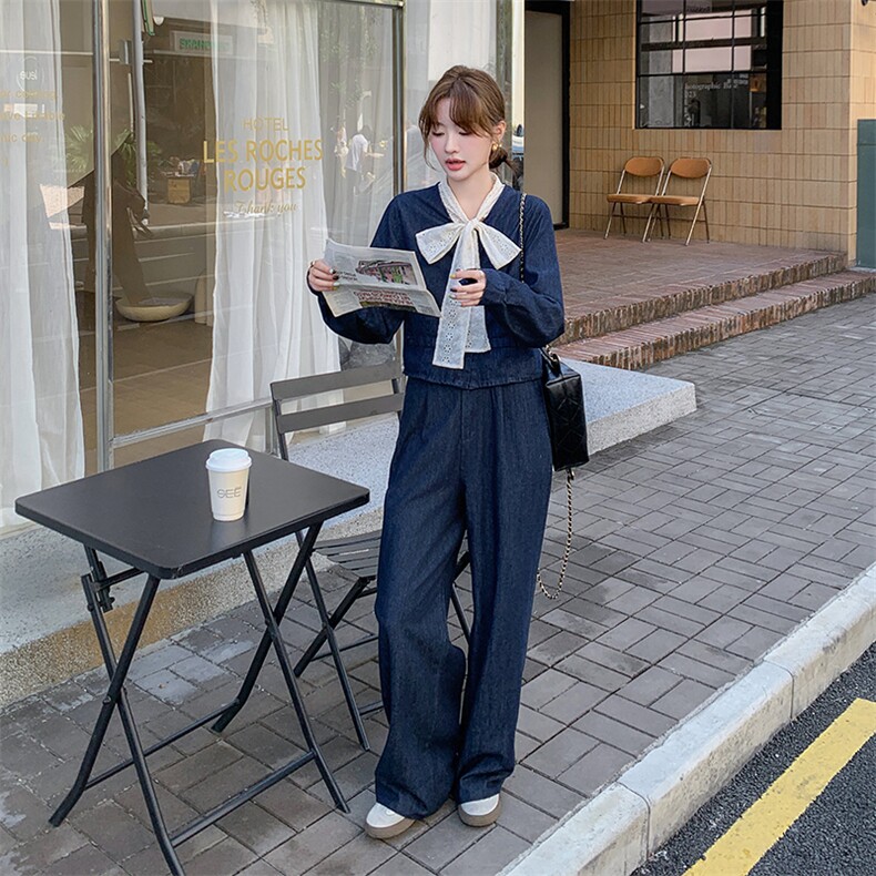 深蓝色法式气质蝴蝶结牛仔套装女2025秋季淡人短外套阔腿裤两件套,女装套装/套裙,2C108