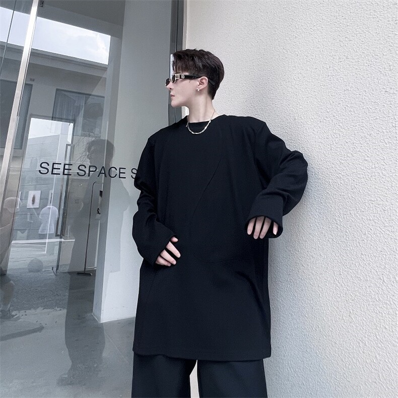初春新款潮流曲线拼接设计圆领长袖卫衣男痞帅纯色男T恤103P70图片