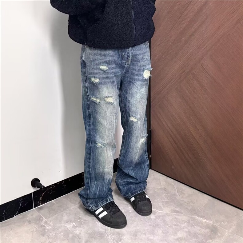 美式复古破洞微喇牛仔裤夏季高街设计感痞帅直筒休闲长裤AA05-P47，男装牛仔裤，星座208-5