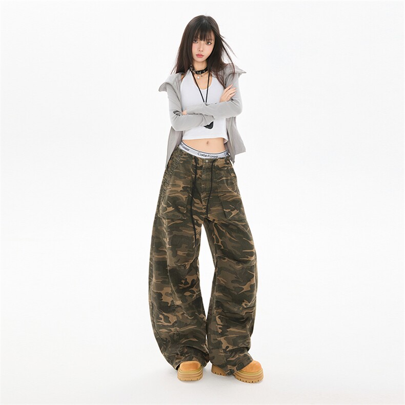 秋冬美式工装风迷彩阔腿裤抽绳宽松显瘦弯刀休闲长裤潮YD9067-P78，男装工装外套，星座509