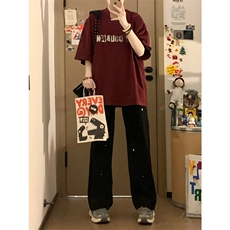 巴家重磅暗红色短袖垫肩T恤软金属立体印花宽松体恤T2429-P35，男装T恤，星座1213