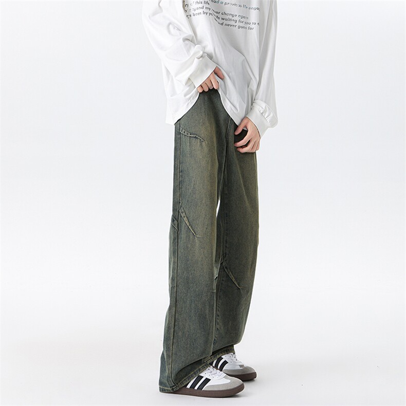 褶皱水洗牛仔裤M~8XL大码宽松设计感美式高街复古直筒裤NZ9001P55，男装牛仔裤，电商B238