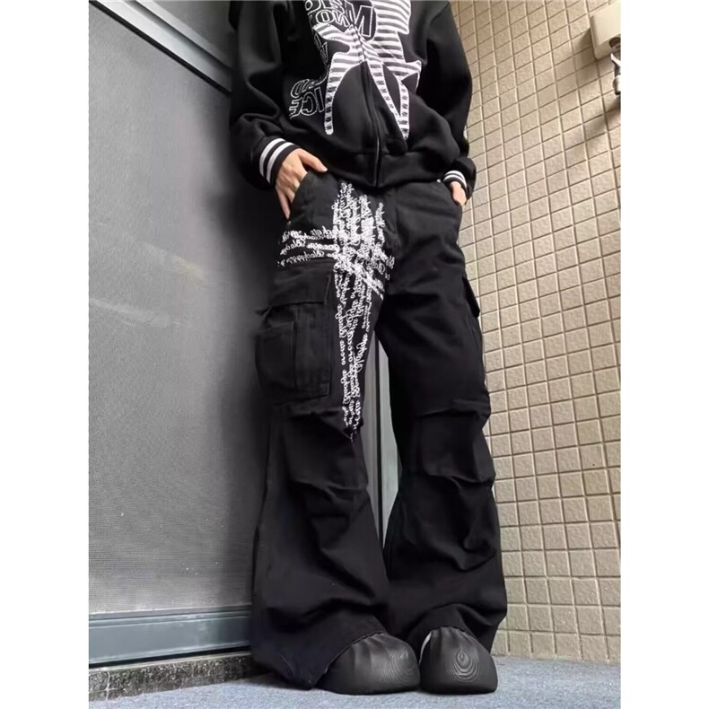 字母街头牛仔裤十字架印花口袋工装裤宽松直筒长裤男女潮N6668,男装牛仔裤,星座516A