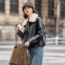 【冬季新款】大量现货时尚潮流加绒加厚可脱卸毛领皮棉外套，女装皮衣，魅衣本色