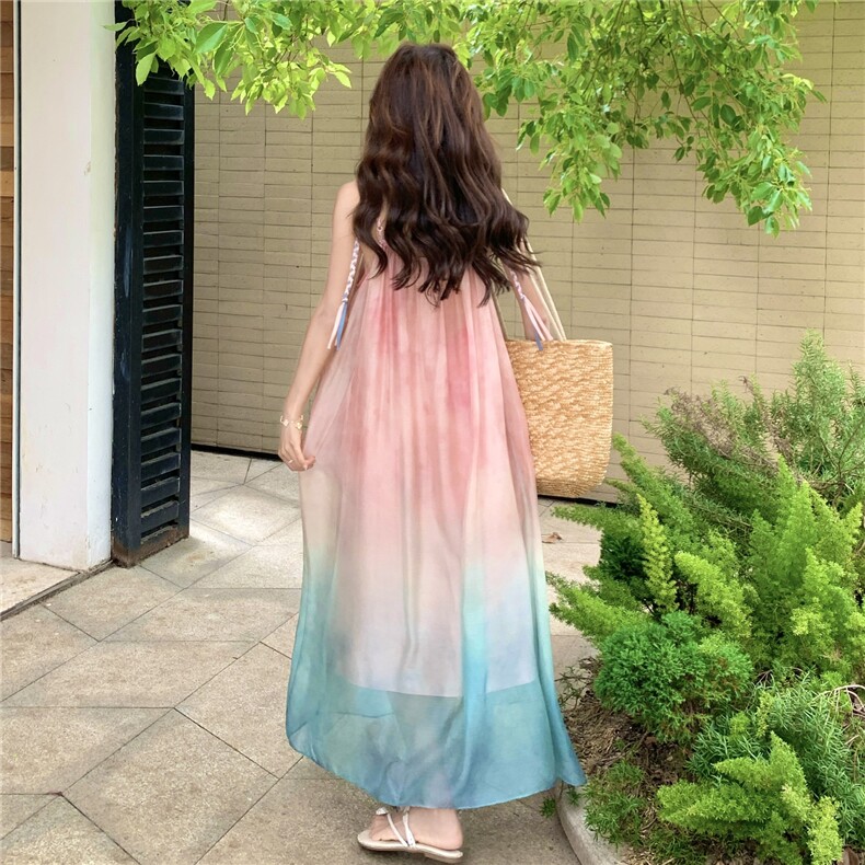 粉色网纱渐变吊带连衣裙披肩两件套女夏季巨好看度假风小众套装,女装连衣裙,2C267