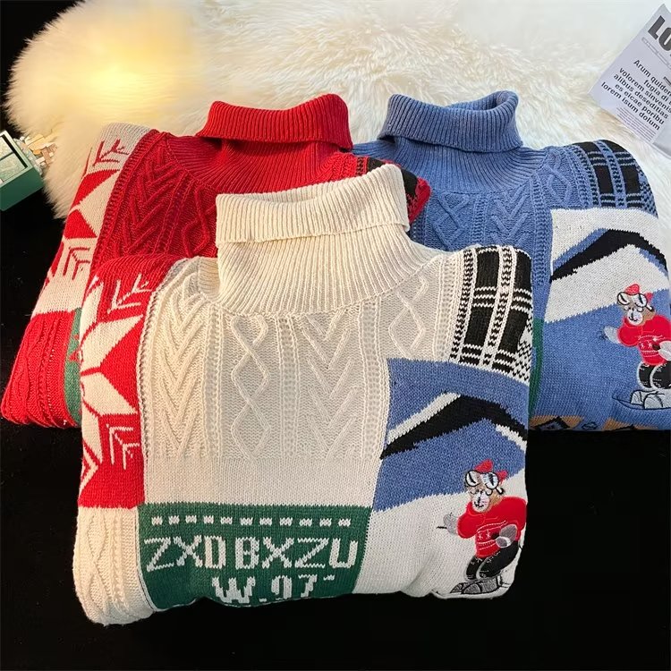 美式ins拼接毛衣男潮牌情侣装宽松高领针织衫外套M77-p70加绒85,男装针织衫/毛衣,星座1008-2